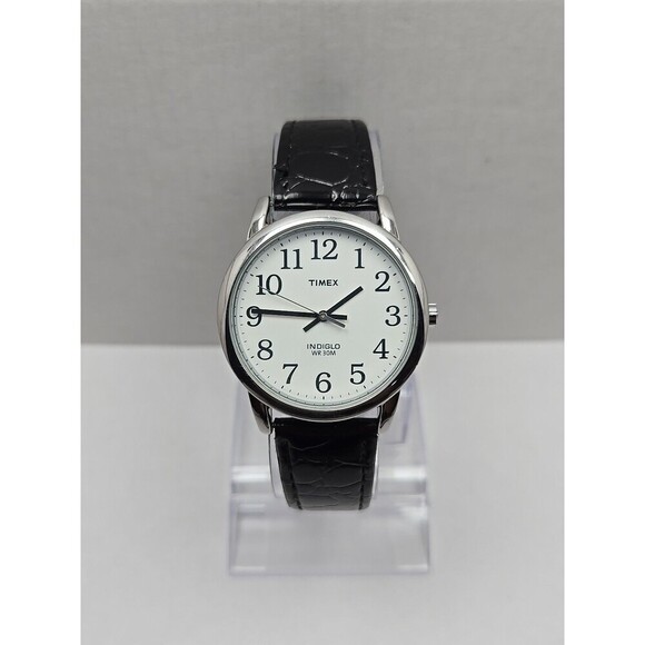 Timex Easy Reader Indiglo Silver Tone 35mm Quartz Watch Black New Battery WR 30M - Picture 1 of 13